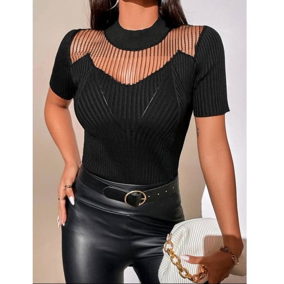 Y2K Grunge Goth Core Hollow Out Mock Neck Ribbed Short Sleeve Top Size Large - Picture 2 of 7